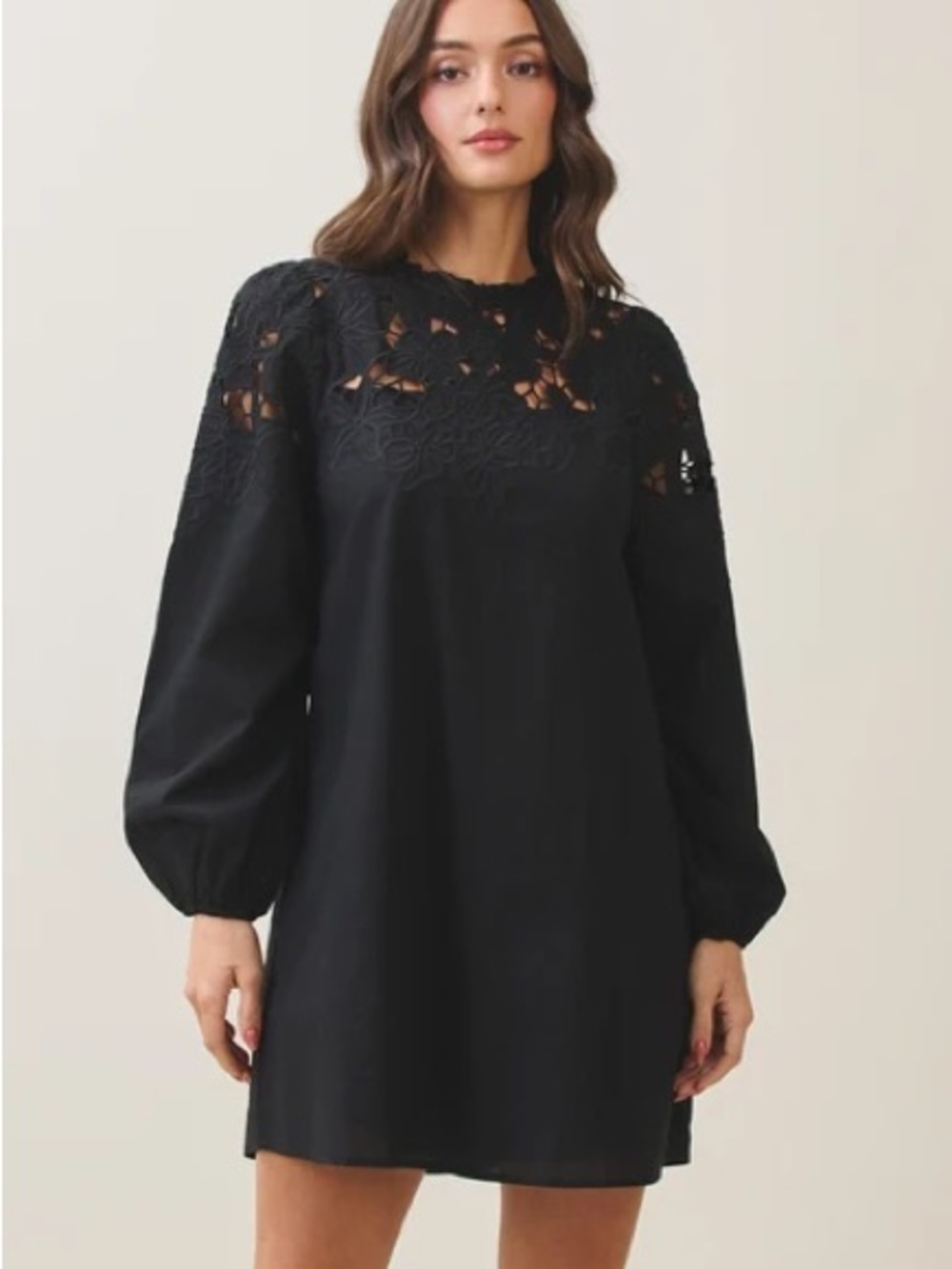Able Black Long-Sleeve Lace Yoke Tunic